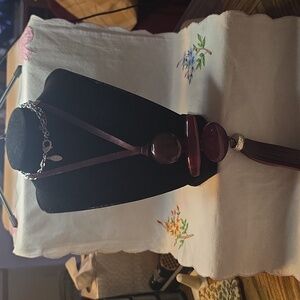 Vintage & Elegant Chicos Brown and Silvertone Necklace With Faux Leather Accents